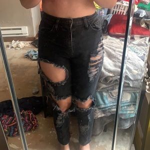 Black and grey high rise ripped jeans